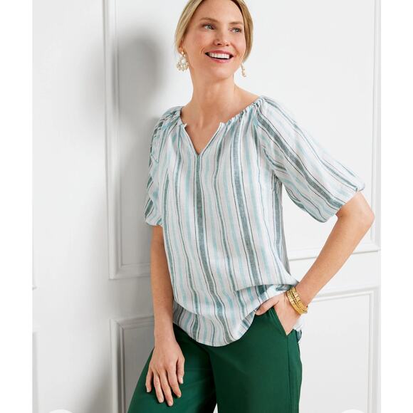 Talbots Blouse Top Linen Short Sleeve Striped White Green LP Petite Peasant - Picture 1 of 12